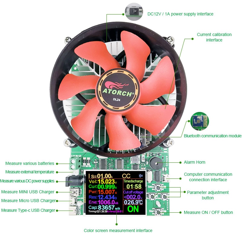 2.4"inch Color APP DC tester electronic load battery capacity monitor discharge charge power Internal resistance meter checker