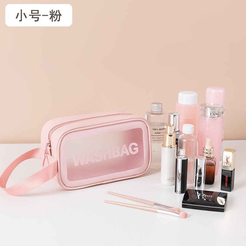 Stijlvolle brief toilettas pu make-up tas transparante reisorganizer toilettassen hoge capaciteit waterdichte dames cosmetische tassen: Kleine roze