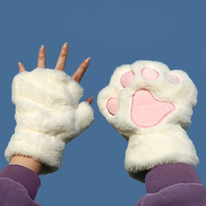Gants de patte de griffe de chat de dessin animé pour femmes, mitaines en peluche, , doux, court, sans doigts, moelleux, ours, costume mignon, demi-doigt