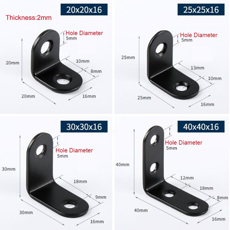 Attelle d'angle noire en acier inoxydable, support d'étagère à Angle droit pour étagères de Table avec vis 10 pièces