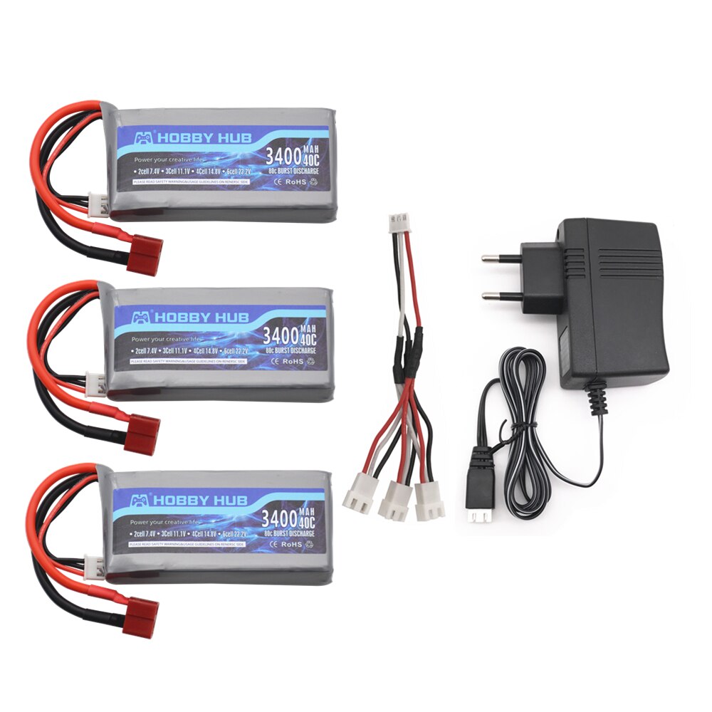 Batería Lipo de 7,4 v y 3400mah para Wltoys 12428 12423, vehículo RC de cuatro ruedas, coche de control remoto, batería de 1500mAH, 7,4 v, 03 Q39 Feiyue, pieza de cargador de control remoto: Rojo