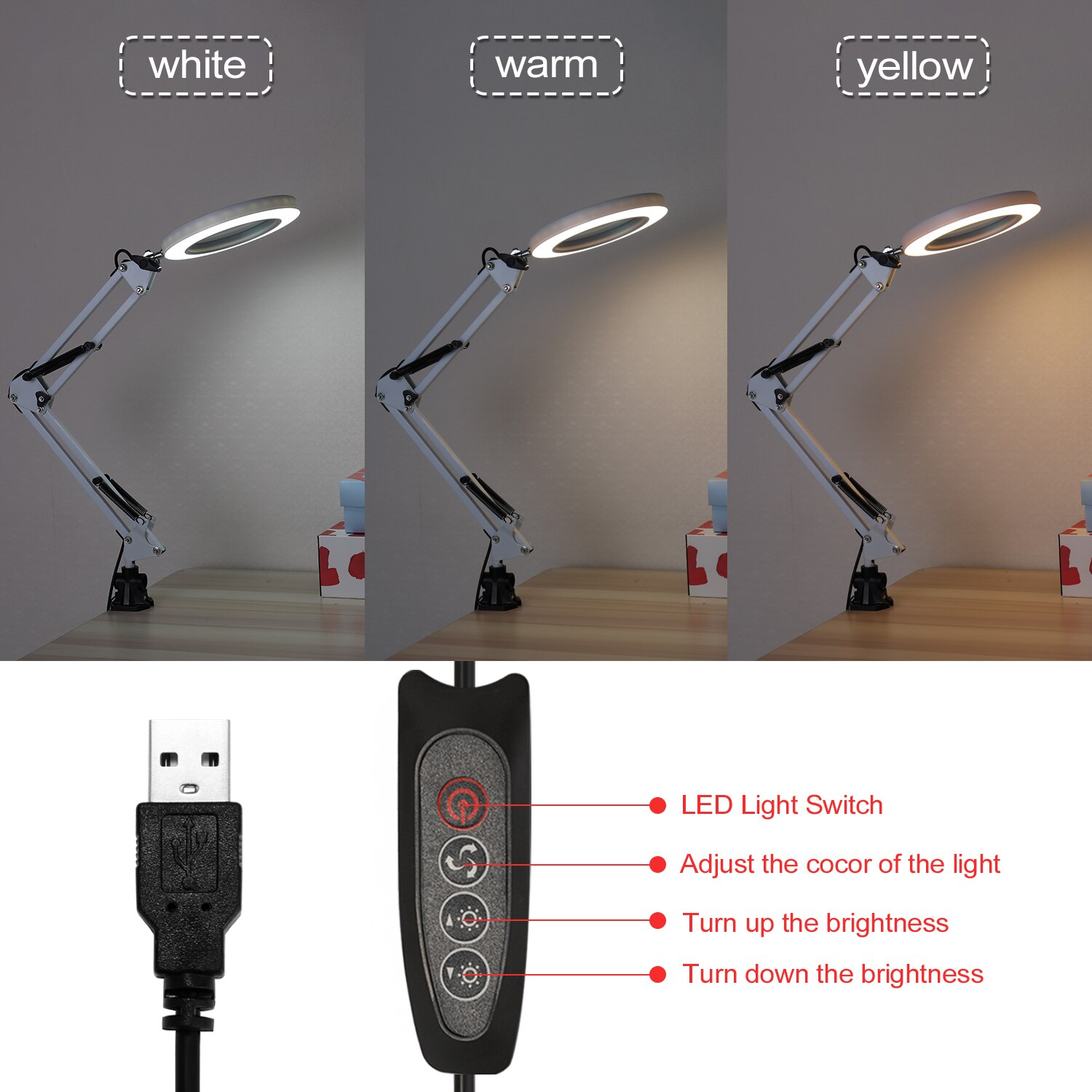5x forstørrelsesglas bordlampe forstørrelsesglas led lys læselampe med tre dæmpningstilstande usb strømforsyning kan foldes sammen