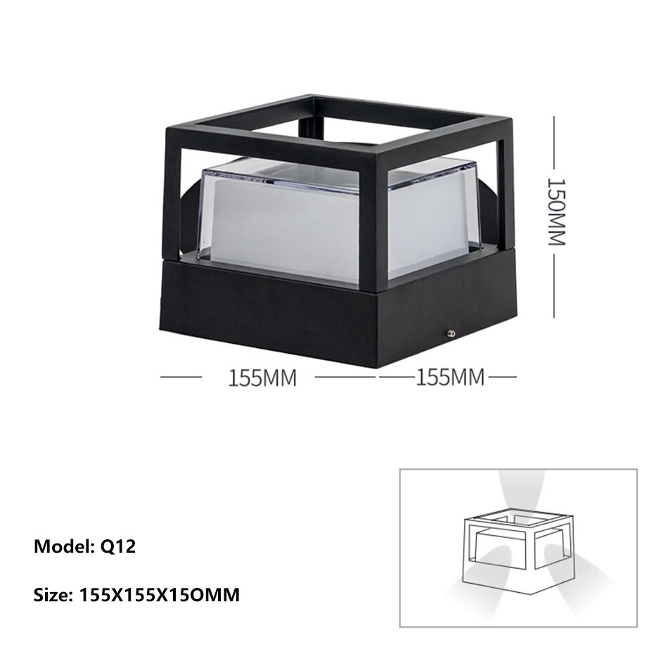 Pilier lumineux LED imperméable en aluminium et acrylique, éclairage d&#39;extérieur, luminaire de paysage, idéal pour un jardin, un sentier, une pelouse ou une véranda: Square Q12