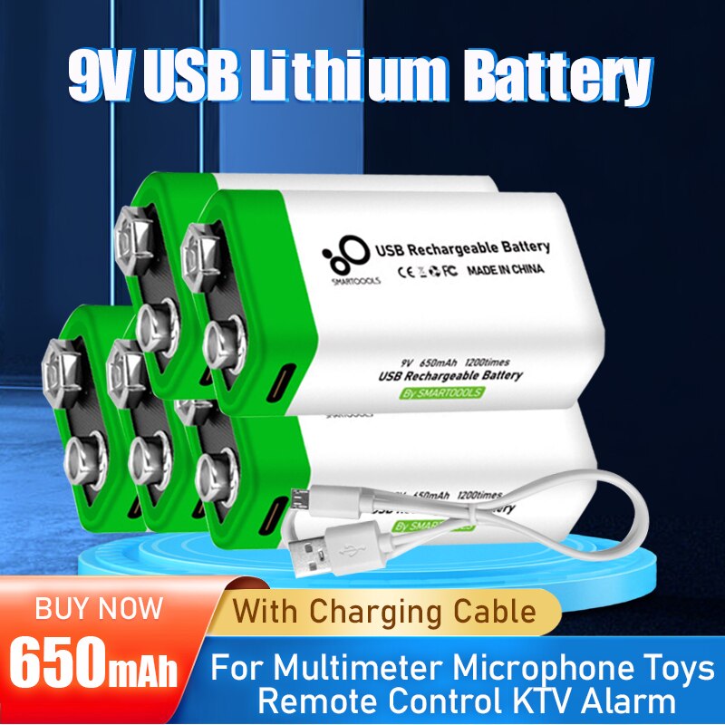9V 650mAh 6F22 USB Rechargeable Lithium Battery For Wireless Microphone Alarm Guitar RC Helicopter KTV Use With Charging Cable