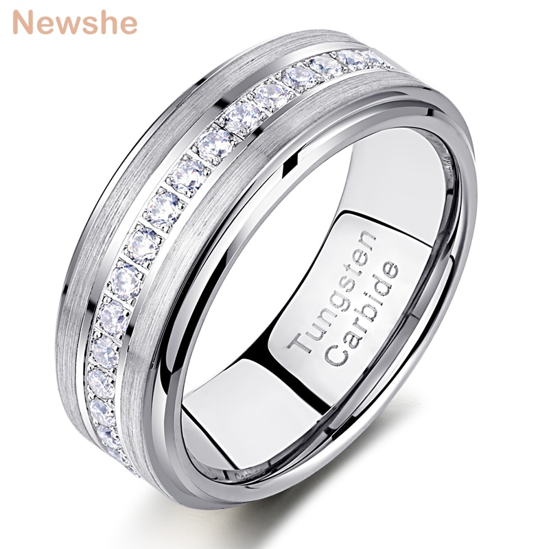 Newshe Mens Promise Wedding Band Tungsten Carbide Ringen Voor Mannen Charm Ring 8Mm Maat 9-13 Aaa Wit ronde Zirkoon Sieraden TRX058