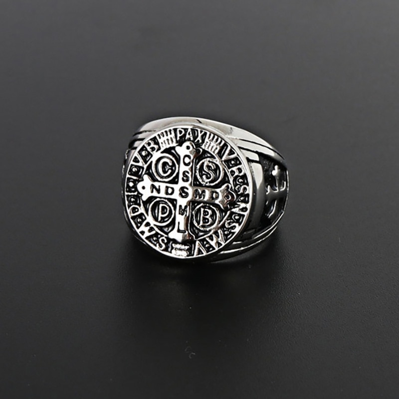 Stainless Steel Catholic Patron Saint St Benedict of Nursia Holy Medal Cross Ring Mens Punk Jewelry VRSNSMV SMQLIVB NDSMD CSSML