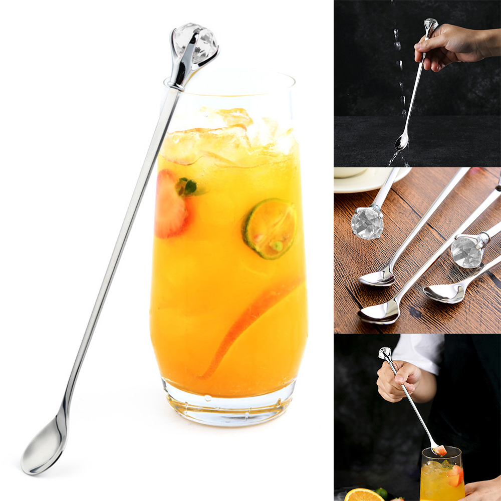 Diamant coloré réutilisable en acier inoxydable en métal paille cocktail cuillère à remuer longue poignée cuillère barre lait café outil d'agitation