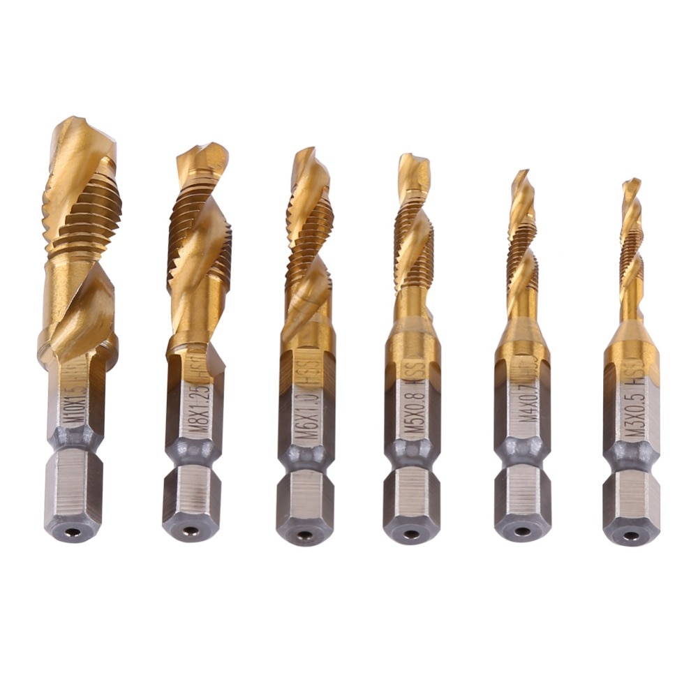 6pcs Drill Bit Metric Thread M3-M10 Titanium Coated HSS Drill and Tap 1/4" Hex Shank metaal boor broca quadrada foret conique