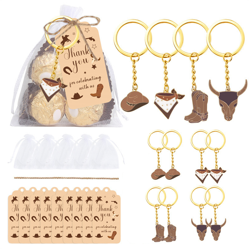 *12 set western cowboy festgåvor för gäster cowboy stövelhatt nyckelring med vita organzapåsar och tacketiketter