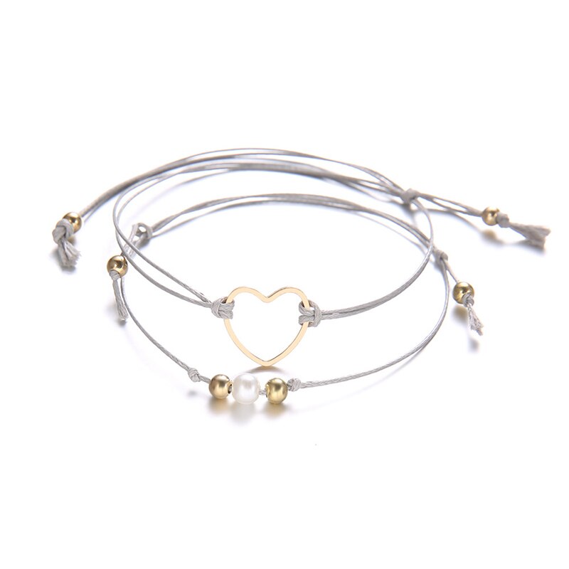 Bracciale regolabile con perle a cuore semplice da 2 pz/set da donna bracciale in pelle intrecciata con perline nero grigio: Gray