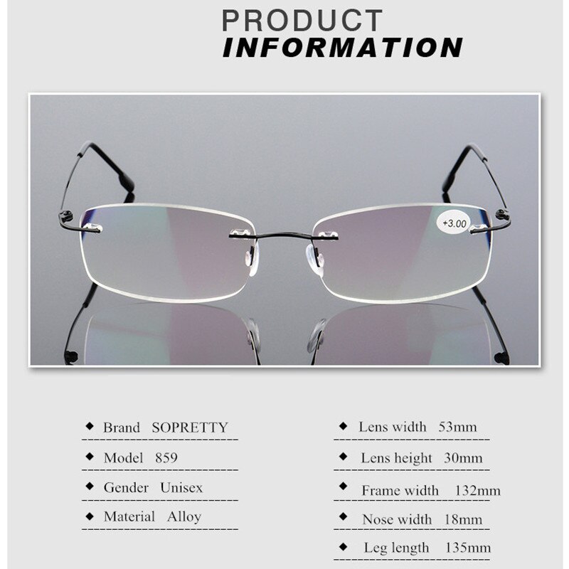 Unisex Titanium Legering Randloze leesbril, Vrouwen High Definition Anti Vermoeidheid Ultralight Frameloze Presbyopie Eyewear A859