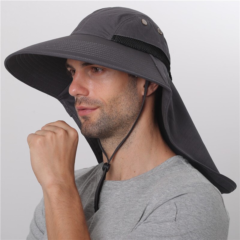Camolad herre spand hatte med nakke flap sommer sol hat til kvinder lang bred randen fiskeri hætter udendørs uv beskyttelse vandreture hat: Mørkegrå