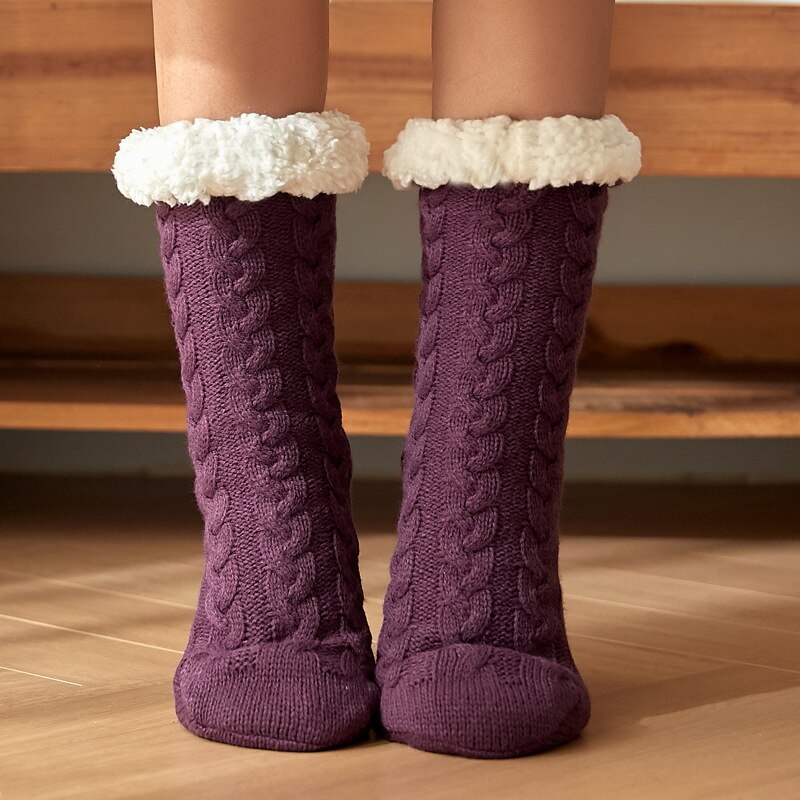 Winter Thick Warm Fluffy Floor Socks For Women Sneakers Kawaii Acrylic Cotton Wool Non-Slip Red Christmas Snow Slippers Socks: purple