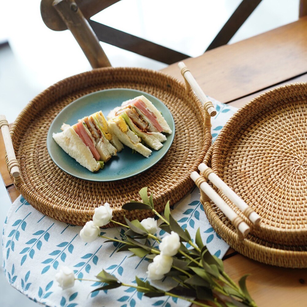 Vassoio tondo intrecciato in Rattan piatto a doppio orecchio intrecciato per frutta e verdura per cucina rotonda colazione bevanda Snack
