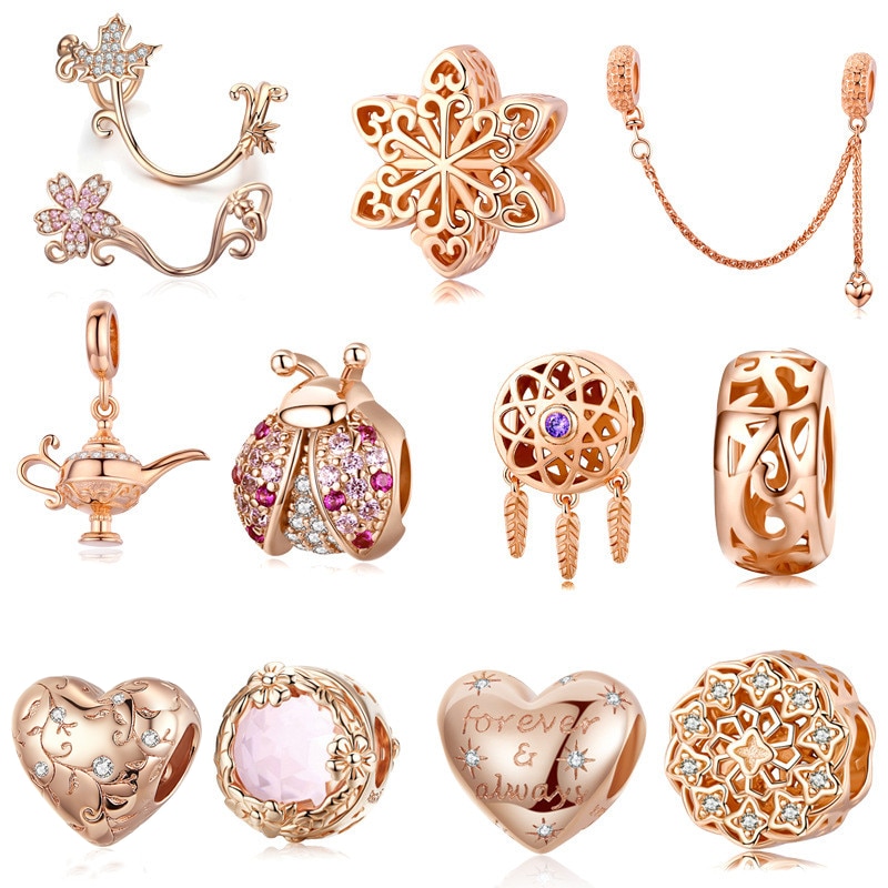 INBEAUT Rosa Oro Rosa CZ Maple Leaf Branelli misura il Braccialetto di Marca fai da te 925 Sterling Silver Sogno Cather Beetle Piuma Del Cuore pendenti e Ciondoli