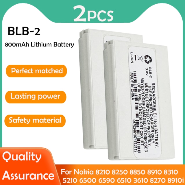 2-20PCS 800mAh BLB-2 BLB2 BLB 2 Li-ion Phone Battery For Nokia 5210 6500 6590i 6510 3610 8210 8250 8910 8910i Replacement Cell: 2PCS
