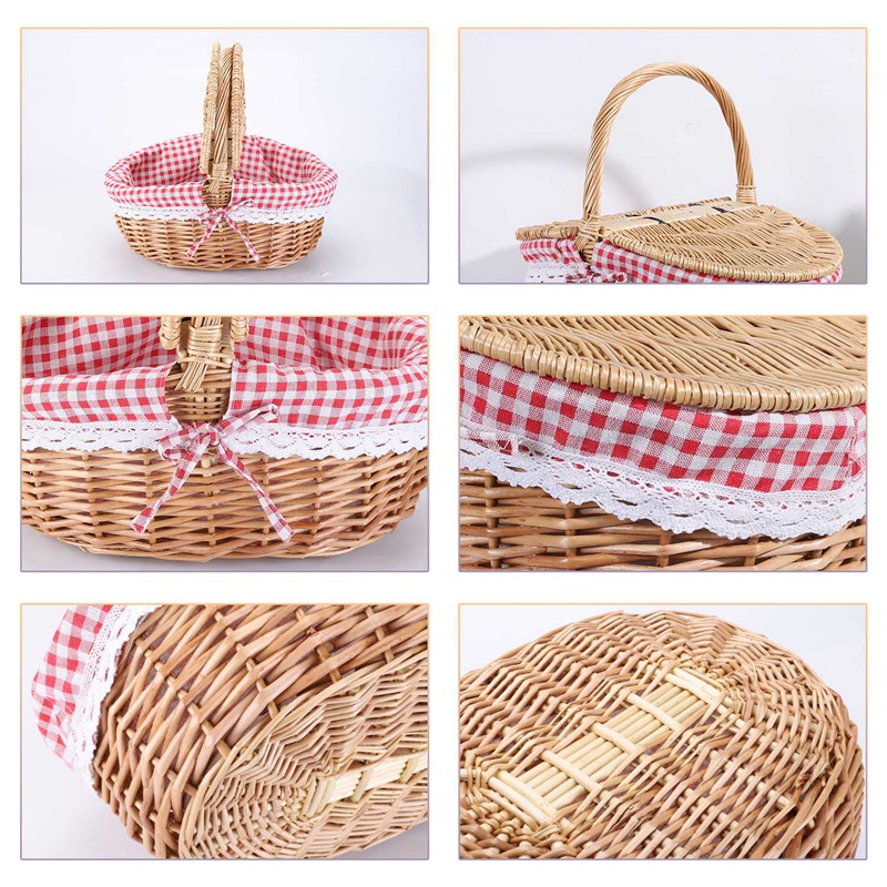 Country Style Wicker Picnic Basket Hamper with Lid and Handle &amp; Liners for Picnics, Parties, Wedding and BBQs