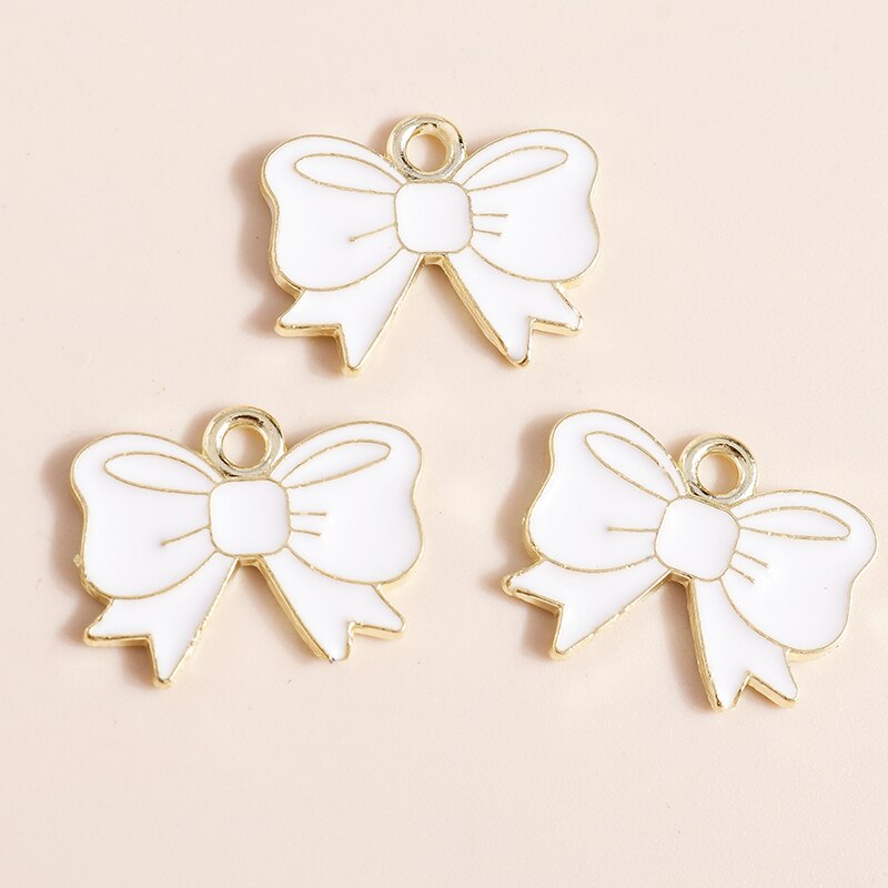 10 Uds. De dijes de lazo rosa esmaltados de 16x13 para fabricación de joyería hecha a mano DIY, dijes para niñas, colgantes, collares, pendientes, accesorios: Rodio plateado