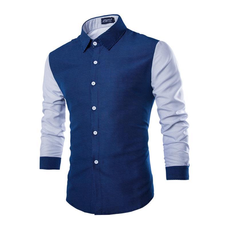 Forår efterår funktioner skjorter mænd afslappet sammenføje skjorte langærmet afslappet slanke mandlige skjorter: Marine blå / L