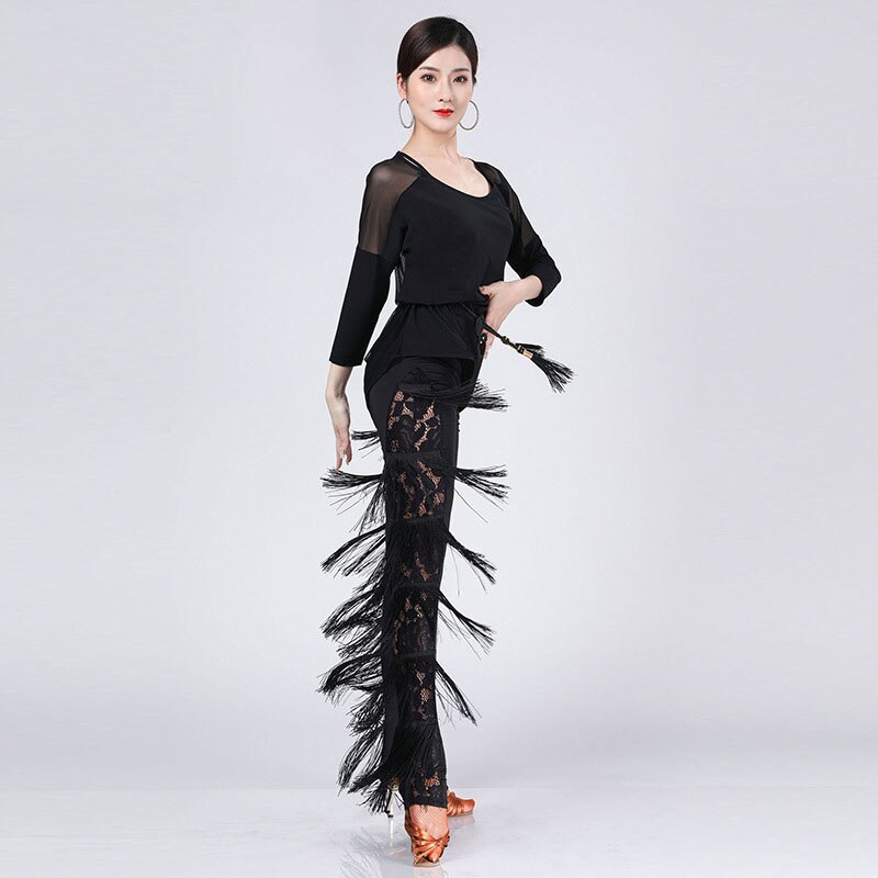 Trajes de baile latino para mujer, conjunto de traje de baile, vestidos de competición, pantalones de danza con flecos para adultos Tango
