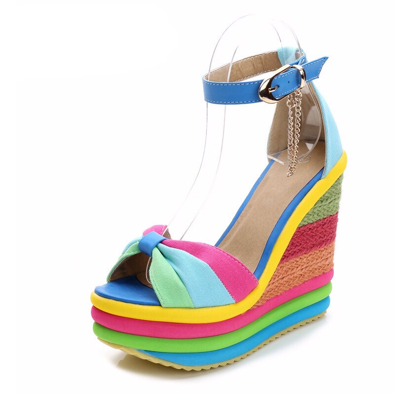 Ceyaneaossandals-sandales à plateforme, sandales d'été pour femmes, bloc de couleurs, talons hauts avec lanière à cheville, tressées, été sandales à talons compensés