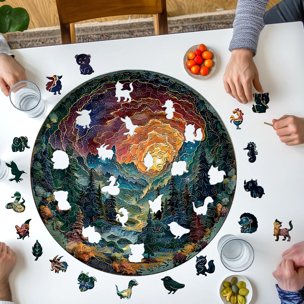 Sunset Forest Puzzle - Unikalne drewniane puzzle, odpowiednie na rodzinne wieczory gier, idealne na Boże Narodzenie, Halloween, prezenty urodzinowe