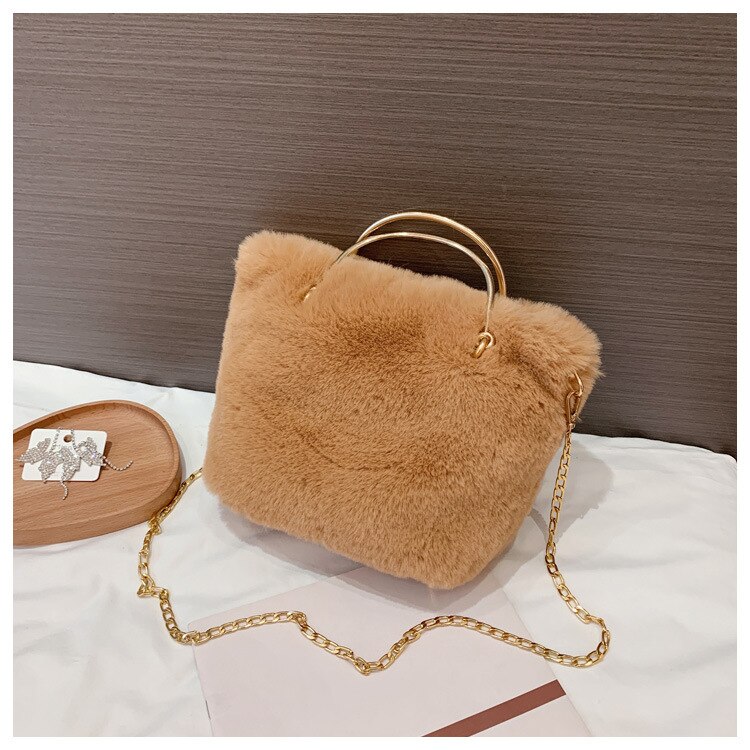 Meisje Mooie Zachte Pluche Schoudertas Faux Fur Winter Keten Crossbody Tas Draagbare Lady Casual Tote Party Handtas: Khaki