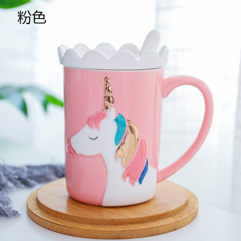 Holaroom Kreative Einhorn Kaffee Becher Milch Kaffee Tee Trinken Tasse Praktische Keramik Tasse Mit Löffel Und Krone Deckel Getränk 350ml: Rosa