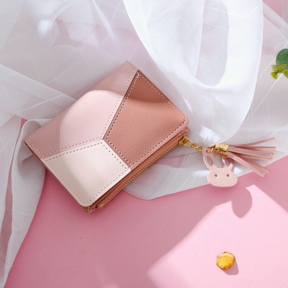 Kvinders kort pung pu læder kontrast kvast lynlås sød kanin mini clutch: Lyserød