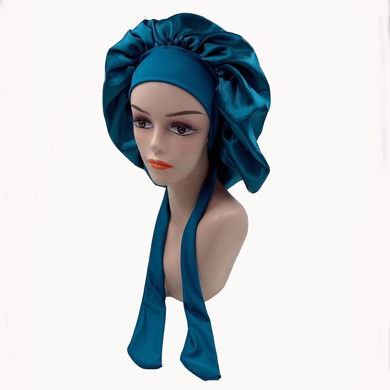 Women Night Sleep Cap Satin Solid Sleeping Hat Hair Care Bonnet Nightcap Unisex Head Cover Caps Shower Turban Wide Elastic Band: Peacock Blue