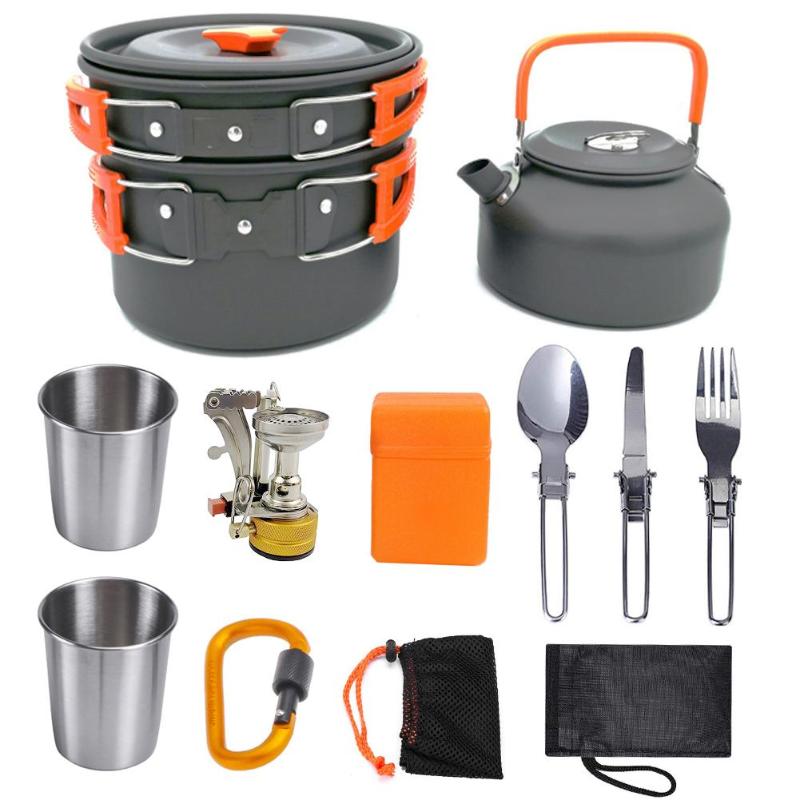 draussen Camping Kochgeschirr einstellen Geschirr Picknick Kochen Pfanne Braten Pfanne Wasserkocher Teekanne Gabel Löffel Wasser Tasse Schneiden Bord Picknick Werkzeuge: Orange