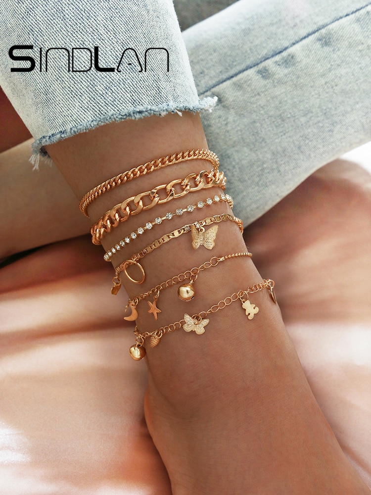 Sindlan 6pz Boho Oro di Cristallo Bracciali Cavigliere per Le Donne Esagerazione Catena di Collegamento con liscio Farfalla stella Delle Ragazze Dei Monili Del Piede