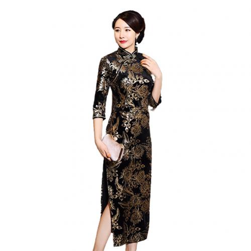 Vrouwen 3/4 Mouw Lange Split Bloemen Gedrukt Chinese Cheongsam Midi Slanke Jurk Chinese Cheongsam Qipao Borduurwerk Spleet Jurk Sexy: Golden / 4XL