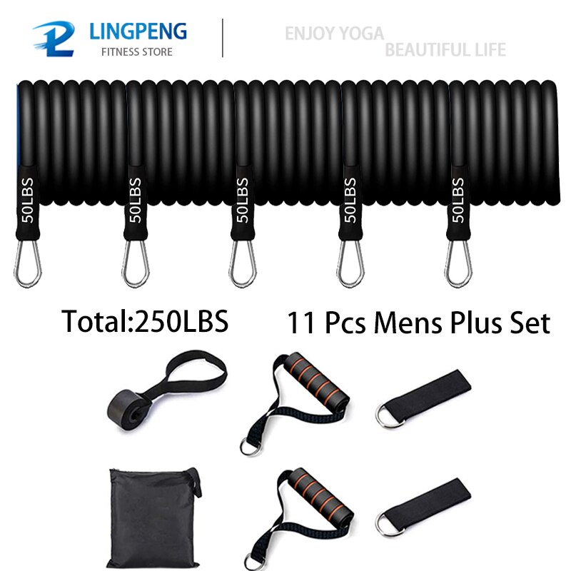 Conjunto de banda de resistencia física fuerte, cuerda elástica para Yoga, gimnasio, entrenamiento, expansor, anclaje de puerta con mango, correa para el tobillo: 11 Pcs Mens Plus Set
