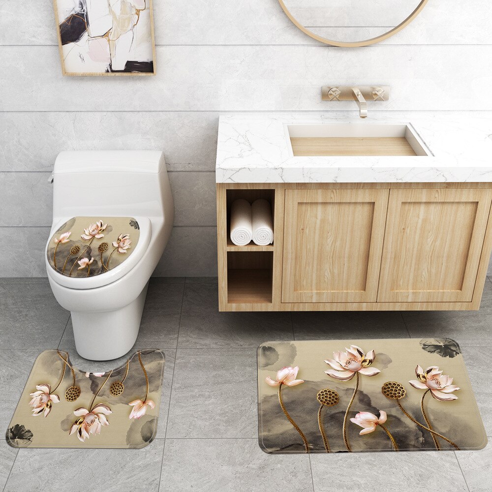 Bloemen Badmat En Douchegordijn Set Flanel Toilet Seat Cover Mat Badkamer Tapijt Antislip Badkamer Vloermat