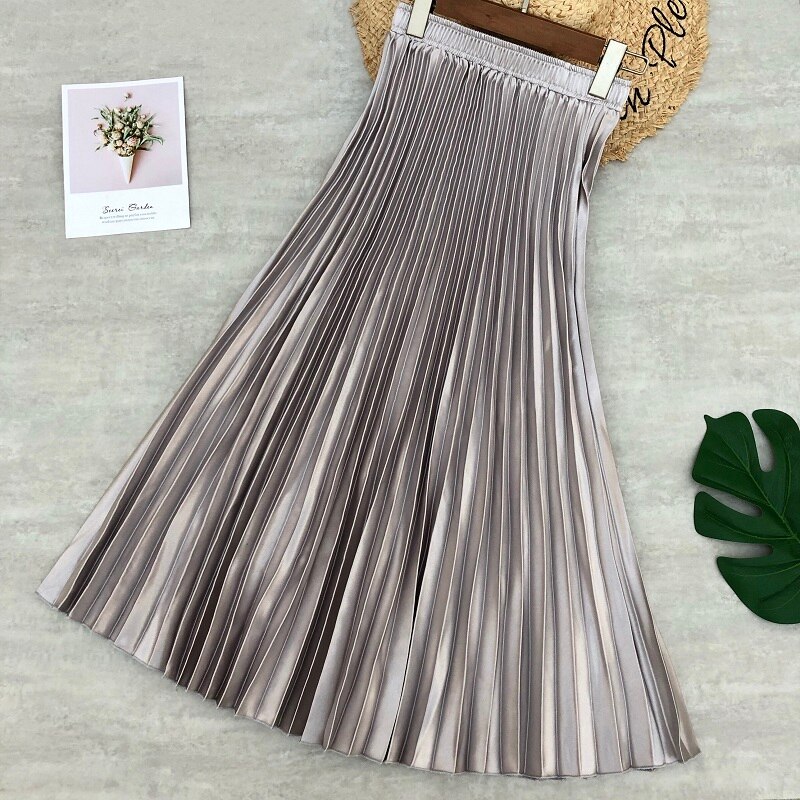 Forår kvinder midi nederdele metallic farve skinnende plisseret nederdel ensfarvet sølv guld lang nederdel satin femme jupe kontor dame: Grå