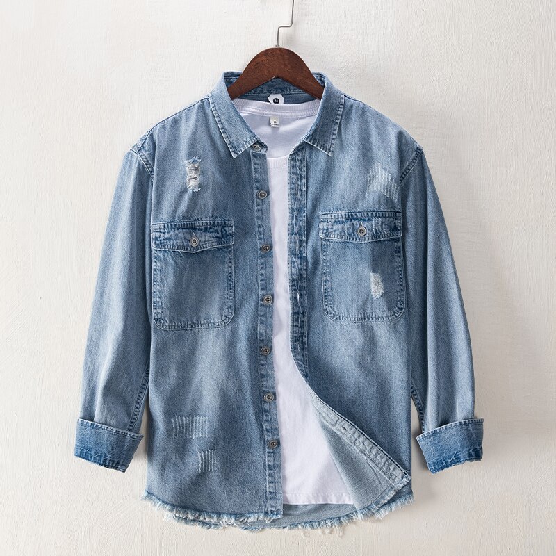 Ripped Denim Shirt for Men Turn-down Collar Cotton Vintage Tops Male Double Pocket Decoration Cowboy Clothes: blue / XXL