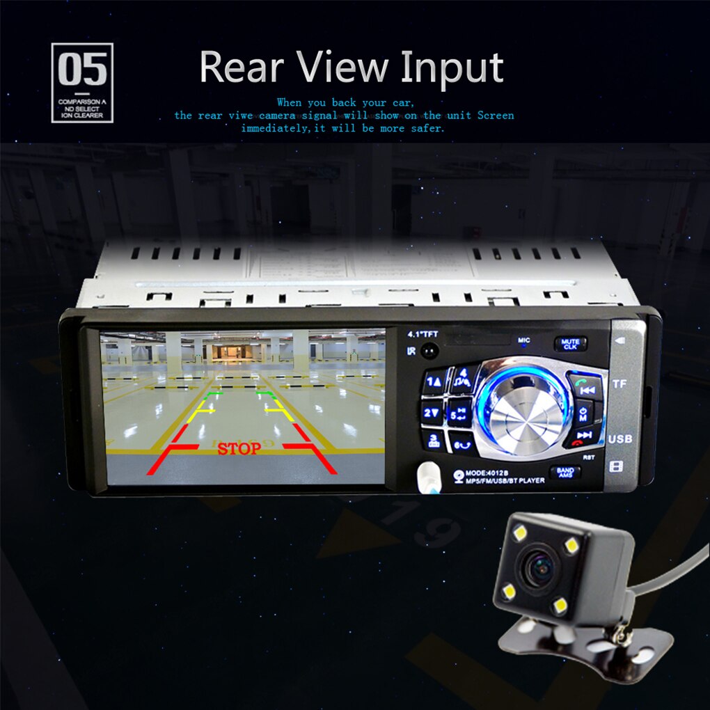 4.1 tommer lcd 12v 1 din bilstereo video  mp3 mp5- afspiller bluetooth fm-radio-usb med bakkamera og fjernbetjening