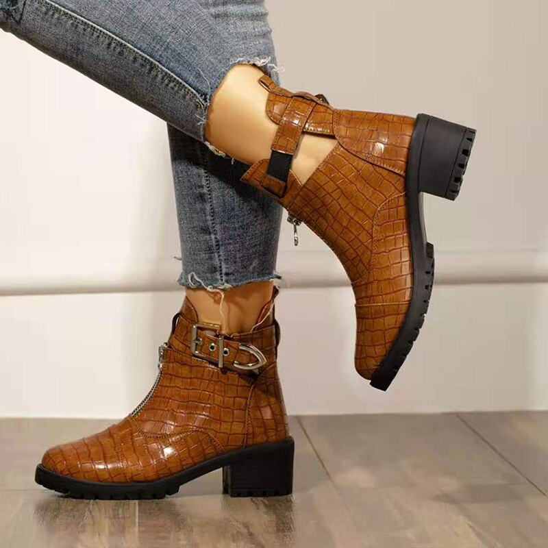 Woman Platform Boots Ladies Motorcycle Cowboy Boots Women PU Leather High Heels Short Booties Ankle Botas Zipper Shoes