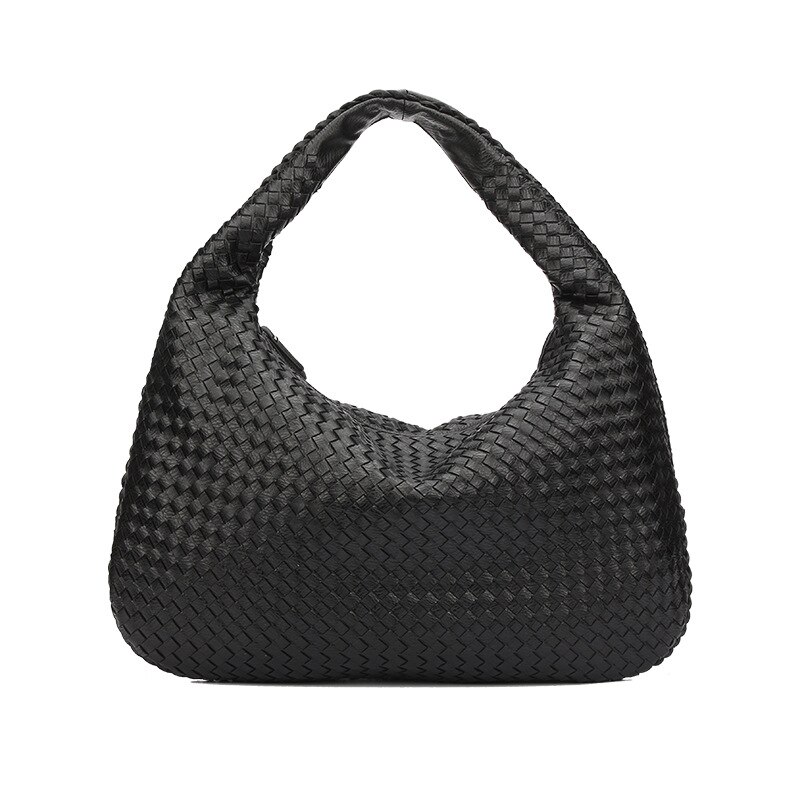 LUCDO-sac Hobo fait à la main en cuir PU tissé décontracté, sac à main de bonne Patchwork fermeture éclair pour femmes, sacs à épaule: Black