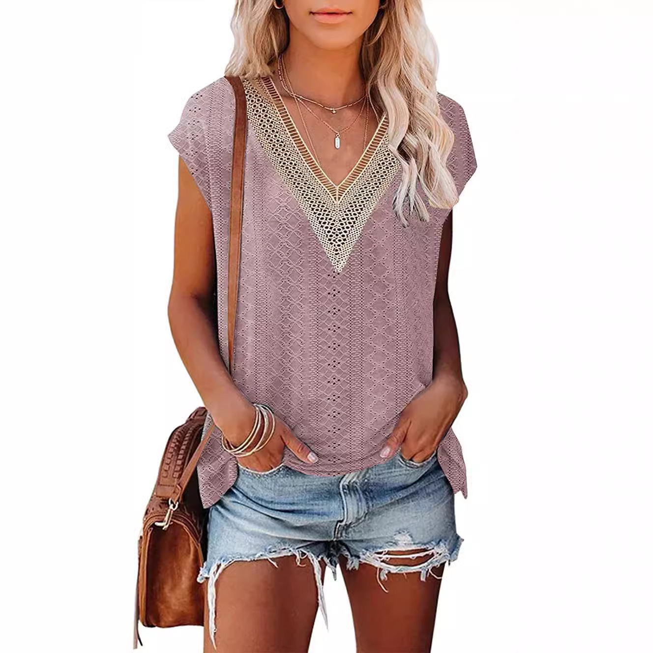 Yjkdyk dame sommertop kontrast t-shirt udhulet v-hals patchwork blonde t-shirt afslappet løs blød top kvinder