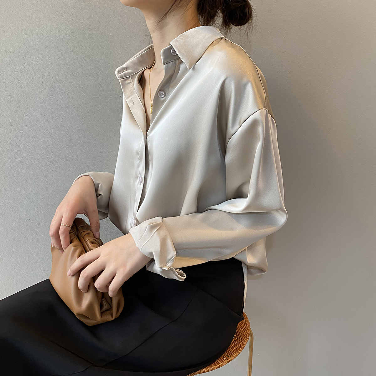 Vårskjorte med knapper i sateng og silke, vintagebluse, hvite topper, dame, lange ermer, løse gateskjorter, 11355