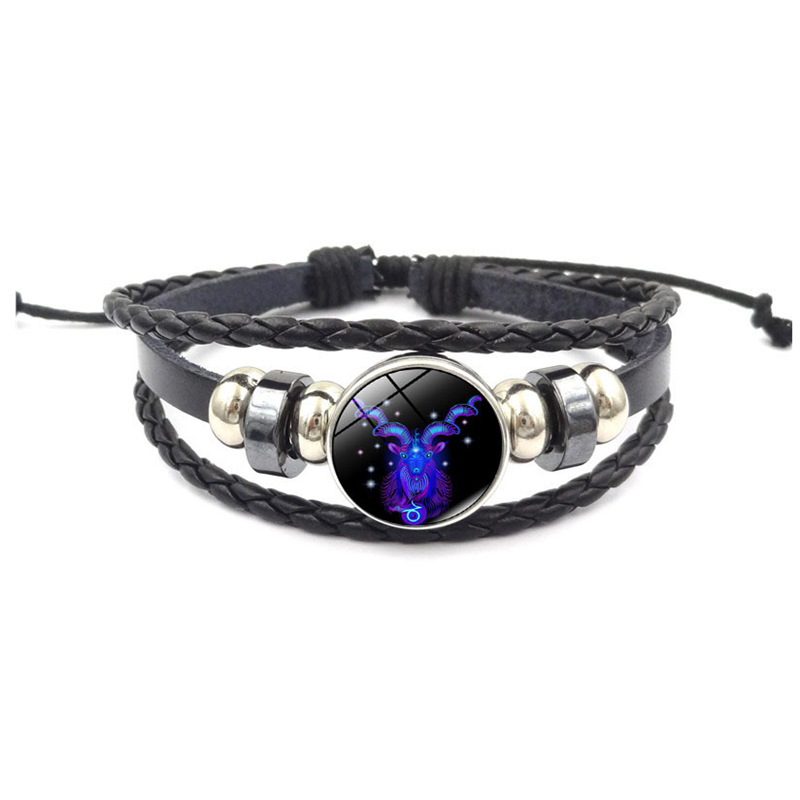 Horóscopo astrología 12 Zodiaco tejido luminoso cuero de vaca cielo estrellado pulsera hombres mujeres Acero inoxidable pulsera joyería: Capricorn