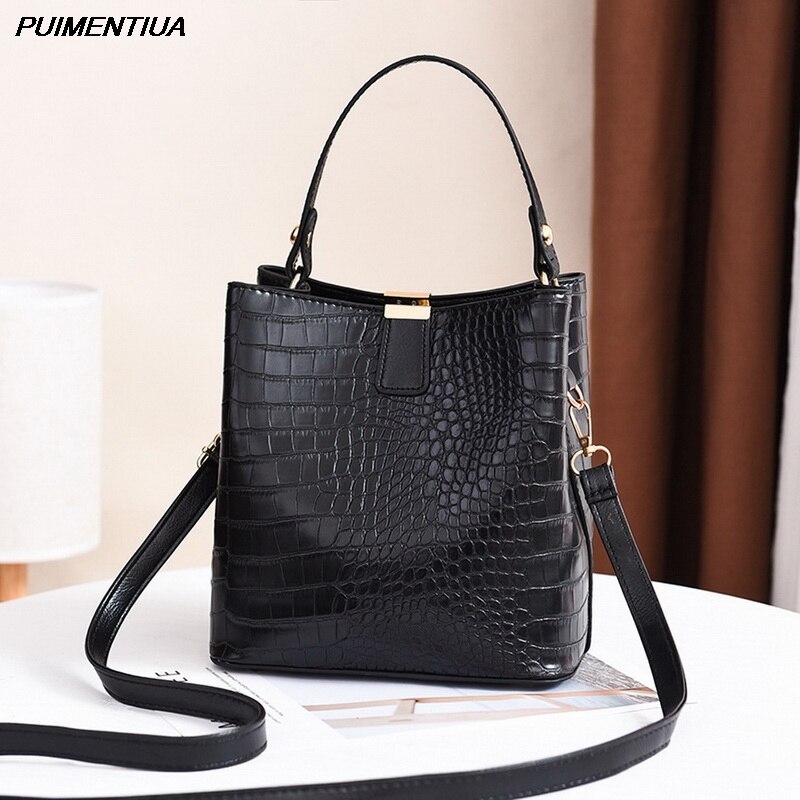 Puimentiua Retro Emmer Zakken Vrouwen Patroon Handtas Hoge Capaciteit Casual Krokodil Schouder Messenger Bags Dames Pu Portemonnee: black