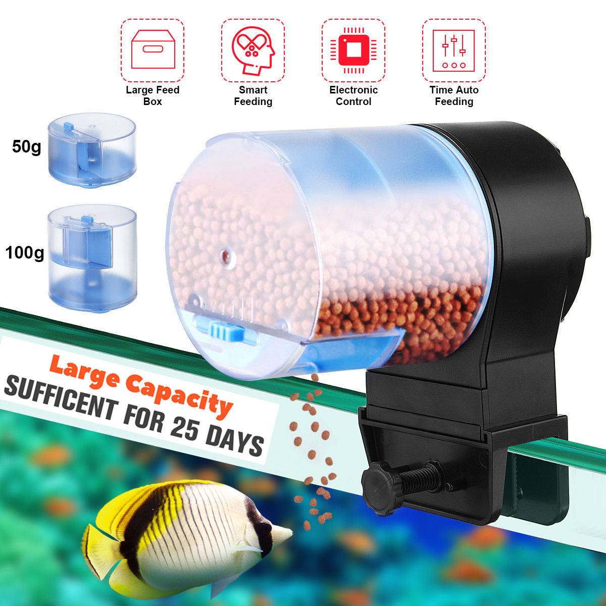 Akvarium automatisk tank fisk feeder elektronisk auto fiskemad dispenser 100g volumen 8/12/24 timer mad fodring sunsun