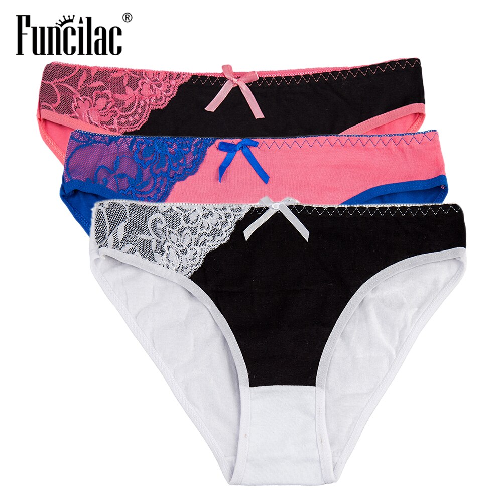 FUNCILAC Sexy Panties for Women Cotton Female Underwear Plus Size Briefs Lace Patchwork Ladies Lingerie M-XXL 3 pcs/set