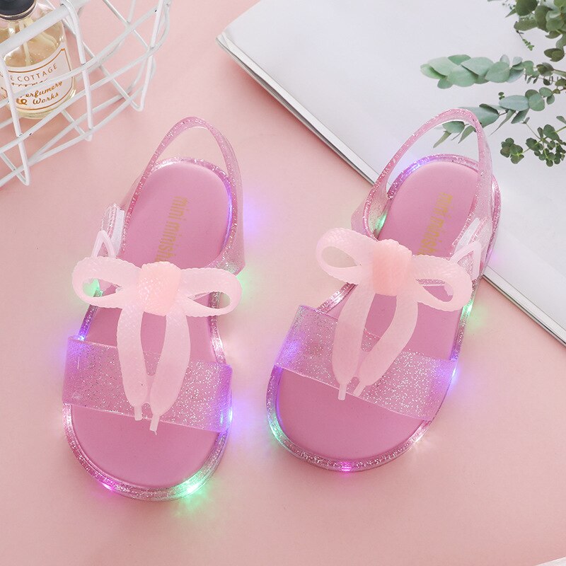 Meisjes sandalen met strik, led-licht sandalen, zomermeisjes gelei lichtgevende schoen, antislip kinderstrandsandalen, peutersandalen, prinsessen: Roze / 29