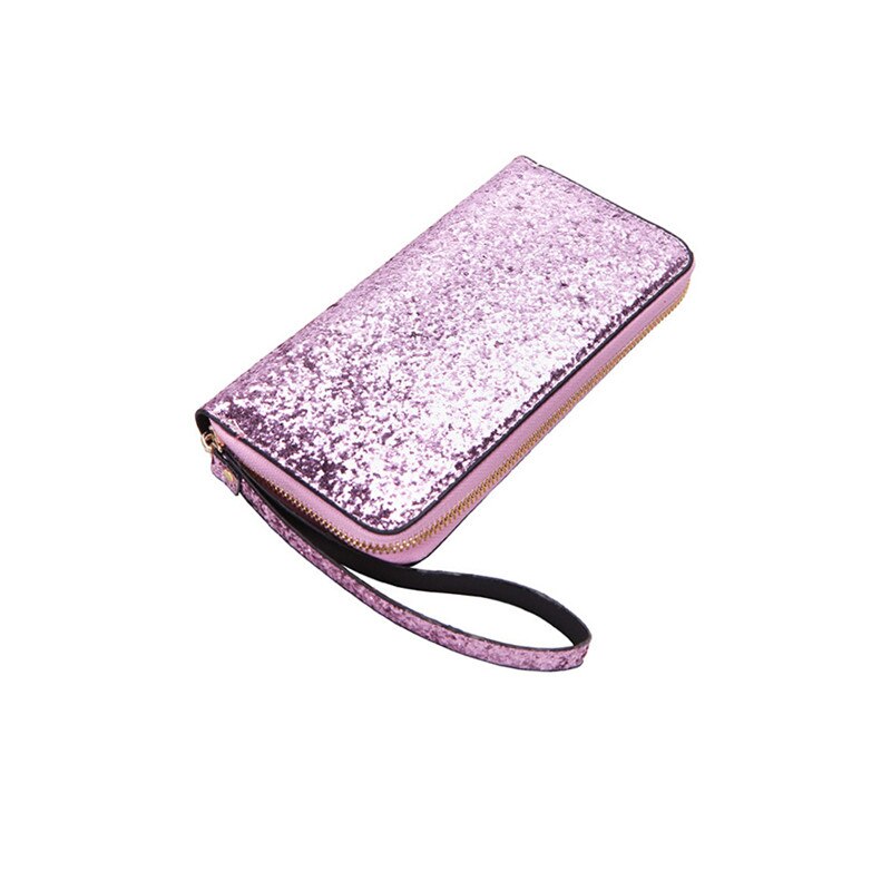 Moda legal lantejoulas carteira feminina carteira de mão longa brilhante bolsa de couro bolsa de armazenamento de cartão de crédito zíper glitter festa saco de armazenamento: Purple