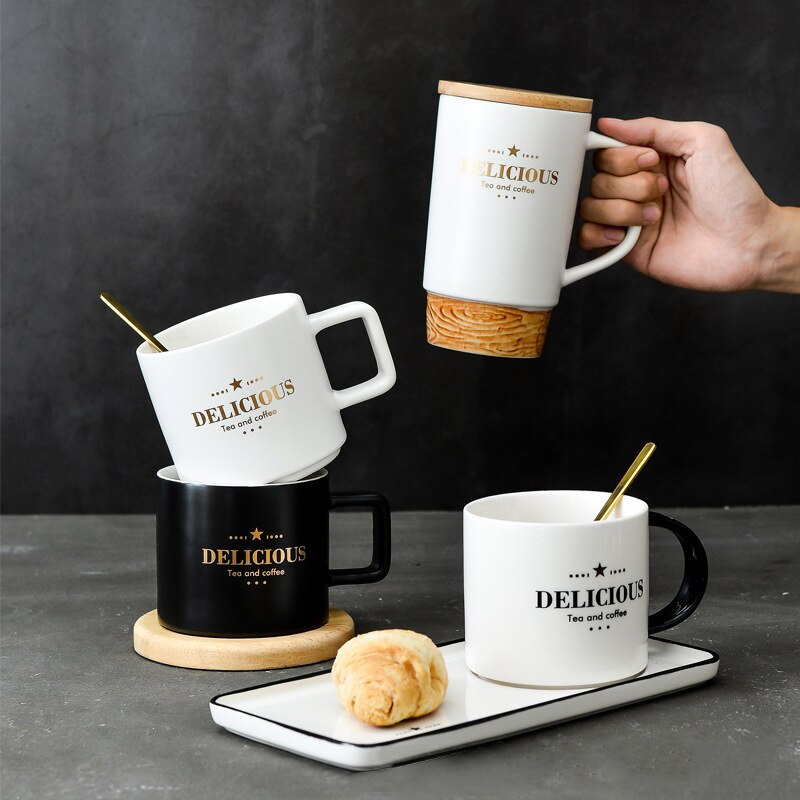 mug Nordic style luxury luxury gold wood grain ceramic cup business coffee afternoon tea cup cup Spoon tray lid