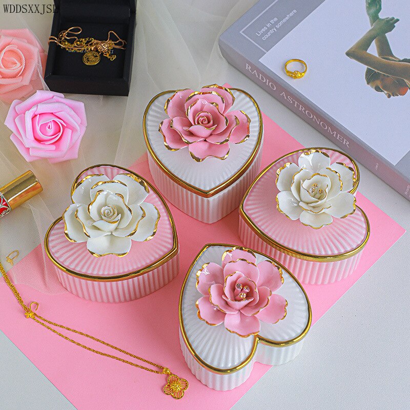 three-dimensional Handwork flowers storage jar ceramic crafts hand-painted gold home heart-shaped jewelry box storage box